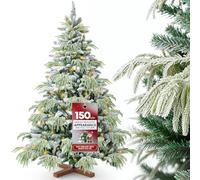 Huracan Premium Árbol de Navidad artificial con iluminación, 150 cm, con nieve y base de madera, ramas densas, diseño natural, árboles de Navidad Christmas Trees con set de decoración incluido, color