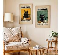 HURCP 2 piezas Bonjour Mon Amour Divertido Gato Negro Café Impresión en Lienzo Póster Retro Lindo Animal Abstracto Estilo de Arte Decoración del Hogar Póster Regalos, A2 (42X60CM)