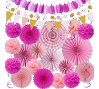 Huryfox Decoraciones de fiesta rosas: 33 abanicos colgantes mexicanos, pompones arcoíris, banderines y serpentinas pañuelo para cumpleaños y festivales
