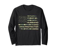 Husband Dad Protector Hero For Christmas Camo American Flag Manga Larga