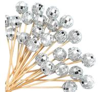 Hushee 100 palillos de cóctel de bola de discoteca, agitadores de 4.7 pulgadas, bola de espejo, palillos de dientes de bambú, palillos de cóctel de madera para bodas, cumpleaños, fiestas temáticas,