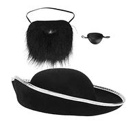 HUSHUI Accesorios de Sombrero Pirata para Halloween con Bigotes Falsos y Parche en el Ojo - Cómodo Conjunto de Disfraz de Franela - Perfecto para Fiestas y Reuniones