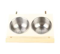 HUSHUI Cuenco de Comida, Comedero para Pájaros de Acero Inoxidable con Soporte de Madera para Accesorio de Jaula, Cuenco Doble para Alimentación y Agua (Doble Ranura)