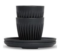 HUSKEE Juego de 2 tazas de café pequeñas reutilizables con aletas únicas para espresso y macchiato, tazas de espresso aisladas con platillos hechos con cáscaras de café reutilizadas, 3 onzas, carbón