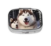 Huskies - Pastillero cuadrado de metal para monedero, pequeño y lindo organizador de píldoras de medicina de 2 compartimentos, portátil, para medicinas diarias y vitaminas