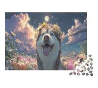 Husky Avec couronne de Fleurs la Nuit Puzzle 1000 Pièces Pour Adultes Pet, Jeux Éducatifs, Défiant Et Décoration Maison 52x38cm/1000pcs