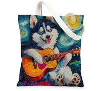 Husky Dog - Bolsa de lona para ir de compras, 13 x 15 pulgadas, diseño de guitarra nocturna de estrellas, reutilizable, bolsa de hombro para mujeres, decoración de regalo para mascotas