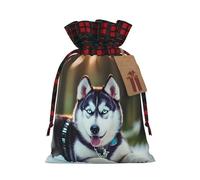 Husky Dog - Bolsa de Navidad a cuadros a juego con cordón para fiestas de cumpleaños de Navidad, 4.7 x 6.9 pulgadas