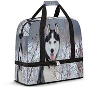 Husky Dog - Bolsa de viaje plegable de invierno para perro, bonita bolsa de fin de semana de 47 L con manga de carrito, bolsa de hombro separada para deportes, gimnasio, viajes, multicolor, 47L, Bolsa