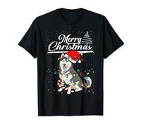 Husky Dog Christmas Lights Santa Hat Candy Cane Merry Xmas Camiseta