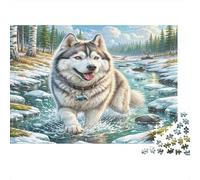 Husky Siberiano Rompecabezas clásico de cartón de Husky en Arroyo Helado con Nieve, Actividad Relajante para Toda la Familia 70x50cm/1000 Piezas