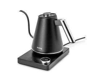 huslog Bouilloire Électrique 1L à Température Réglable 40-100°C, Col de Cygne, Écran LED, Fonction Maintien au Chaud, 1100W, Acier Inoxydable 304, Noir-Argent, Base avec Enroulement du Câble