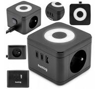 Huslog Cubo de Enchufe 5 en 1 con Cable de 1,4 m, 2 Tomas Schuko + 2 USB-C y 1 USB-A, 4000 W / 16 A, regulador LED de 3 Niveles, Interruptor de Encendido/Apagado, Patas de Goma Antideslizantes, Negro
