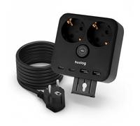 Huslog Cubo de enchufes con 2 Tomas Schuko, 2 Puertos USB-A y 2 USB-C, regleta múltiple de 3680W con Interruptor, Soporte para móvil y Montaje en Pared, Cable de 1,4 m - Distribuidor de energía