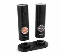 Huslog Molinillos Eléctricos de Sal y Pimienta Automáticos por Gravedad con Luz LED al Moler, 70 ml, Uso con Baterías (4xAAA), Grosor Ajustable, Incluye Base y Cepillo de Limpieza, Negro