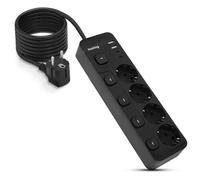 Huslog regleta con Interruptor, regleta múltiple de 4 Tomas con protección contra sobrecarga, 2 USB-A y 2 USB-C, 3680W, Cable de 1,5 m, protección Infantil, Negro
