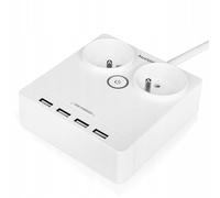 Huslog Regleta Plana 5 en 1 con 2 Tomas Schuko y 4 USB, 230V/10A, Cable de 1,5 m, Interruptor con LED, Conexión a Tierra, Compacta y Antideslizante para Oficina y Hogar, Blanco