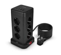 Huslog regleta Tipo Torre con 12 Tomas AC y 4 USB (2×USB-C, 2×USB-A) - regleta múltiple con protección contra sobrecarga, Cable de 1,8 m, 3680W, Vertical, Negro