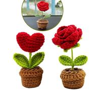 HUSOUE 2 flores de punto, flores de ganchillo en maceta, flores decorativas de ganchillo, amuleto de la suerte, planta artificial para oficina, coche, regalos para mujeres (rosa roja y corazón de amor