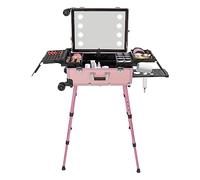 HUSPOO Maletín de maquillaje profesional con luz LED de espejo, rodillo de maquillaje ajustable en altura, con 4 ruedas y capacidad de carga de 50 kg, gran capacidad para maquilladores