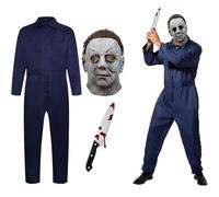 HUTRADE Disfraz Michael Myers Adulto Completo - Jumpsuit Azul Cómodo con Máscara Michael Myers de Látex Realista y Cuchillo de Halloween, para Halloween, Cosplay y Fiesta de Disfraces (L)