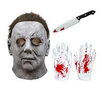 HUTRADE Máscara Michael Myers Halloween - Con guantes y cuchillo de juguete - Látex realista, cabeza completa unisex para adultos, ideal para cosplay, carnaval y fiestas de terror (Gris)