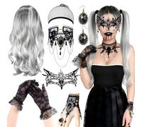 HUTRADE Peluca de mujer Halloween - Peluca larga rizada plateada-gris de 70 cm con collar gótico, máscara, guantes de encaje, pendientes para carnaval, fiestas temáticas y cosplay