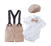 Huttam - Conjunto de bebé nacimiento, 0 a 24 meses, verano, traje de caballero, boda, ceremonía, cuerpo de manga corta, bebe niño y bermudas con tirantes y gorra (Khaki, 9-12 meses)