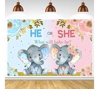 Huture Telón de Fondo de Revelación de Género, Pistas Azules, Decoraciones, Pancarta de Niño o Niña, Patrón de Elefante Pequeño, Sorpresa