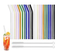 Huucozn 24 PCS Pajitas de Cristal Reutilizables 20x0,8cm, Pajitas de Vidrio de Colores con 2 Cepillos de Limpieza, Paja de Cristal para Leche Tea Cocktails Smoothies y Bebidas En Hogar o Restaurantes