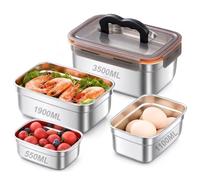 Huucozn 4 PCS Recipientes de Acero Inoxidable 550/1100/1900/3500 ml, Fiambrera de Acero Inoxidable Hermetica con Tapa, Contenedores Comida para Congelador para Cocina Trabajo -Aptas para Lavavajillas