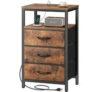 Huuger Mesita de noche con estación de carga, mesita de noche de 27.6 pulgadas con cajones de tela, mesa auxiliar con puertos USB y tomas, mesita de noche para dormitorio, color marrón rústico