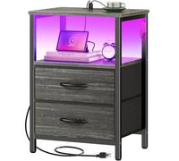 Huuger Mesita de noche con estación de carga y luces LED, mesita de noche de 2 cajones, mesa auxiliar de cama con estante abierto, mesa auxiliar, cajones de tela para dormitorio, color negro carbón