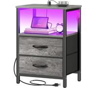 Huuger Mesita de noche con estación de carga y luces LED, mesita de noche de 2 cajones, mesa auxiliar de cama con estante abierto, mesa auxiliar, cajones de tela para dormitorio, color gris