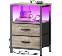 Huuger Mesita de noche con estación de carga y luces LED, mesita de noche de 2 cajones, mesa auxiliar de cama con estante abierto, mesa auxiliar, cajones de tela para dormitorio, roble