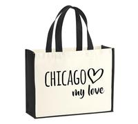 huuraa sacco di juta Chicago my love Borsa per la spesa Gift Shopper nera 21 litri juta e cotone Chicago my love idea regalo