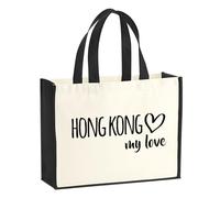 huuraa sacco di juta Hong Kong my love Borsa per la spesa Gift Shopper nera 21 litri juta e cotone Hong Kong my love idea regalo
