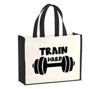 huuraa sacco di juta Train hard Hantel Borsa per la spesa Gift Shopper nera 21 litri juta e cotone Train hard Hantel idea regalo