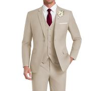 HUUTOE Traje de 3 piezas para hombre, ajustado, para boda, padrinos de boda, graduación, negocios, un botón, chaqueta, chaleco, pantalones, esmoquin, Beige, Small