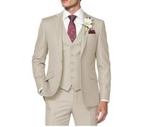 HUUTOE Trajes de 3 Piezas para Hombre, Ajuste Delgado, Trajes de graduación para Hombre, Vestido de Boda, Traje de Verano, Chaqueta, Chaleco, Pantalones, Esmoquin, Beige, X-Large
