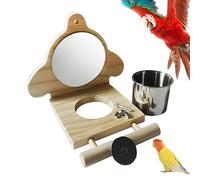 Huvqianu Mirror Bird Perch, Parakeet Cage Toys, 5.51x5.12x3.94 In, Parakeet Pen Toy, Parrot Rest with Mirror and Feeding Cups, Lovebird Cage Perch for Parrot, 2 Style, 1pc