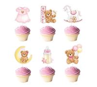 HUVZOR 24Pcs Toppers Tarta Baby Shower Bautizo Niño, Decoración Adorno Pastel Torta Papel Cartón Cartulina Osito Biberón Ropa Bebé Caballo Madera Fiesta Cumpleaños Nacimiento Gender Reveal (Rosa)