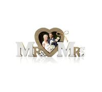 HUVZOR Decoración de Boda Mr & Mrs con Marco de Fotos Corazón, Letra de Madera Vintage, Blancas, 25 cm x 10.5 cm x 1.5 cm