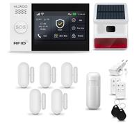 HUXGO® HXA007 Sistema de Alarma inalámbrico con Sirena Solar Exterior WiFi + gsm 4G | Kit Alarma con 1x Sensor de Movimiento, 5X alarmas de Puerta/Ventana | Idioma Español