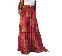 HUXRAKV Falda Larga Mujer Bohemia de Verano con Cintura Elástica y Bolsillos Laterales Ligera y Cómoda para Vacaciones y Uso Diario,38-Rojo,XXL
