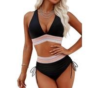HUXRAKV Traje de baño de Dos Piezas para Mujer Acolchado con Tirantes Espagueti Estampados de Cintura Alta Bikinis Conjuntos Brasileños de Playa,WD14-Negro,XL