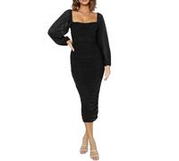 HUXRAKV Vestido de Fiesta Mujer Elegantes Manga Larga de Malla con Cuello Cuadrado Bodycon Midi Vestido para Fiesta Cóctel Noche Club Ceremonia,WD46-Negro,L