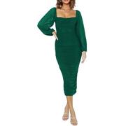HUXRAKV Vestido de Fiesta Mujer Elegantes Manga Larga de Malla con Cuello Cuadrado Bodycon Midi Vestido para Fiesta Cóctel Noche Club Ceremonia,WD46-Verde,M