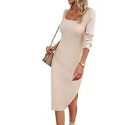 HUXRAKV Vestido de Punto para Mujer, Cuello Cuadrado, Mangas Largas, Color Sólido, Corte Favorecedor, Midi Vestido Suéter para Otoño e Invierno,WD41-Albaricoque, XL