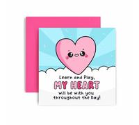 Huxters Tarjeta de clase de escuela nueva de buena suerte, tarjetas de primer día para escuelas, aprende y juega con mi corazón estará contigo durante todo el día, hijo, hija, nieto, nieta, sobrino